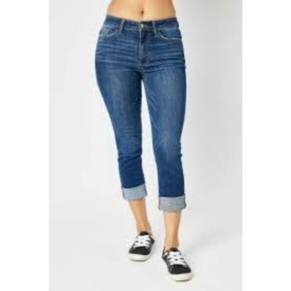 Judy Blue Denim - Judy Blue JB82154-JS Dark Wash Capri Fit Folded Hem Jeans 28